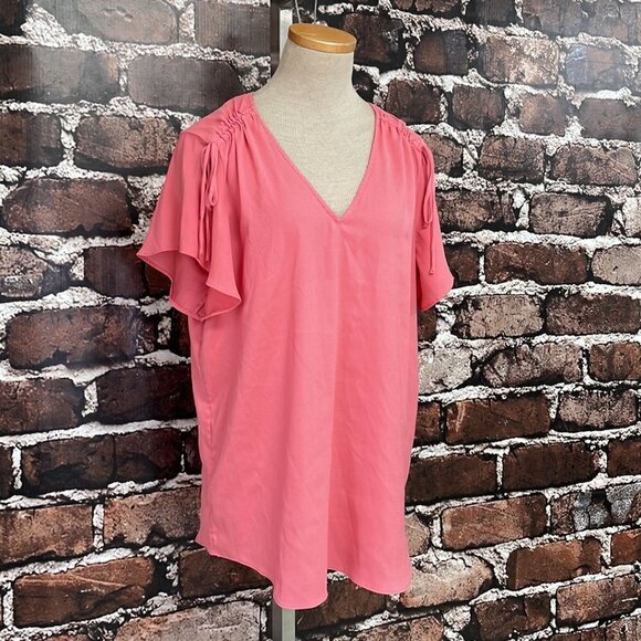 Ann Taylor Blouse V-Neck Synched Shoulders Bubble Gum Pink Size Large L - Picture 4 of 16